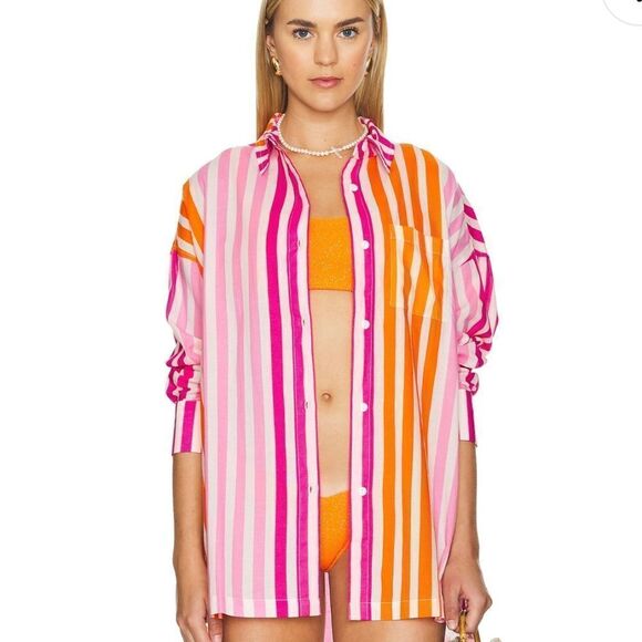 Beach Riot Pink and Orange Striped Button Down Shirt - Picture 1 of 4